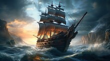 Sailing Ship Made With Ai Generative Technology, Property Is Fictional