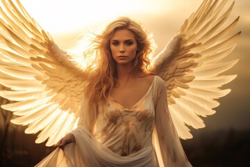 beautiful young woman with angel wings in sunlight