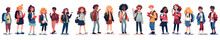 Back To School Flat Illustrations Set. Preteen And Teenage Schoolkids On White Background.