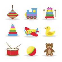 Cartoon Kids Toys. Plastic Toy Animal, Wooden Horse For Child. Game Group, Ball Little Bear And Baby Bucket. Isolated Duck And Drum Decent Vector Icons