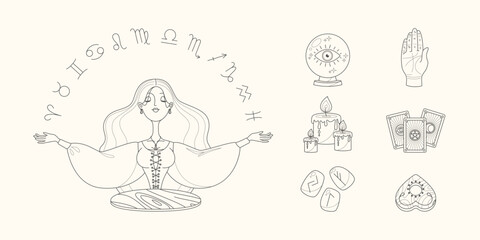 Sticker - Magic and fortune telling set. Cartoon illustration of a beautiful girl with raising hands telling the future by seeing zodiac signs and a collection of magic accessories. Vector 10 EPS.