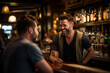 © Maksym - Craft from behind a heartwarming bokeh-laden photo of the bartender sharing a laugh with a regular customer, epitomizing the friendly atmosphere of the bar. Generative AI