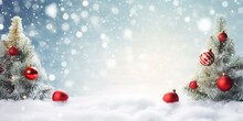 Beautiful Festive Christmas Snowy Background. Christmas Tree Decorated With Red Balls And Knitted Toys In Forest In Snowdrifts In Snowfall Outdoors Generative AI
