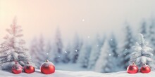 Beautiful Festive Christmas Snowy Background. Christmas Tree Decorated With Red Balls And Knitted Toys In Forest In Snowdrifts In Snowfall Outdoors Generative AI