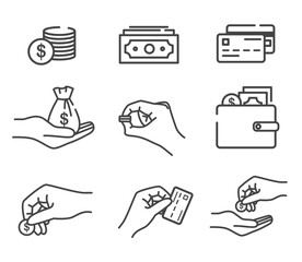 Money, finance, banking outline icons collection. Set of Banking, Wallet and Coins icons. Credit card, Currency exchange and Cashback money service.