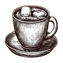Hot Chocolate With Marshmallow Cup Vintage Illustration