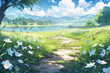 Anime serenity: A lush field stretches to a tranquil river, weaving a tale of nature's gentle embrace and beauty.