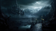 The Background For A Scary Fairy Tale Background, A Dark Gothic Castle In A Dark Dead Valley, Moonlight, Some Gray Place In A Gloomy Mountain Region.