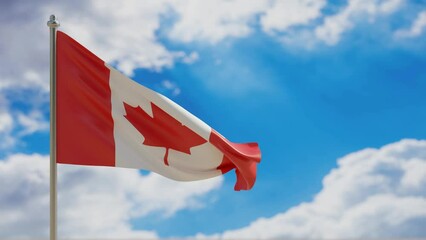 Sticker - Canada country flag waving on blue sky background. 3d video footage 