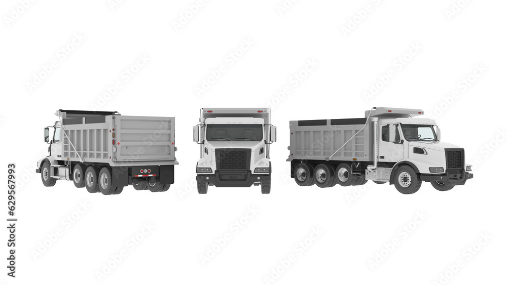 Tipper Front View A white large Tipper Dump Truck Front, Back, and Side view Isolated on ...