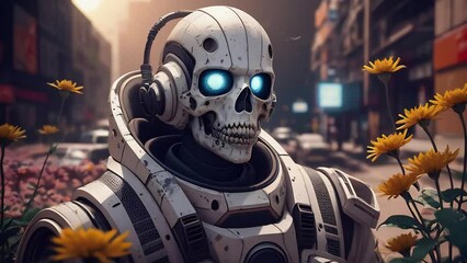 Wall Mural - Undead astronaut in a spacesuit with flowers, surrealistic animation. Forgotten person, skeleton in spacesuit illustrations, transformations and metamorphose. AI generated video