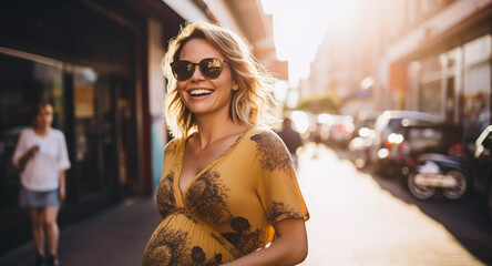 Stylish and happy blonde pregnant woman walking down urban village street