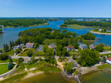 Historic Waterfront House Aerial View At The Mouth Of Piscataqua River In Town Of Rye With New Castle Town At The Background, New Hampshire NH, USA. 