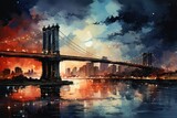 Fototapeta Londyn - Beautiful colorful night New York. Brooklyn Bridge, watercolor. Urban landscape. Generative AI