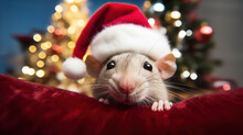 Fisheye Lens. Selfie Of A Mouse On Santa Hat On Blur Bokeh Background