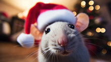 Fisheye Lens. Selfie Of A Mouse On Santa Hat On Blur Bokeh Background