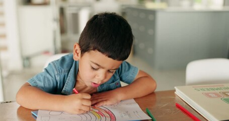 Poster - Creative, boy and home with children education, learning and color activity for development. Book, school homework and young child with student growth and drawing in house with paper and illustration