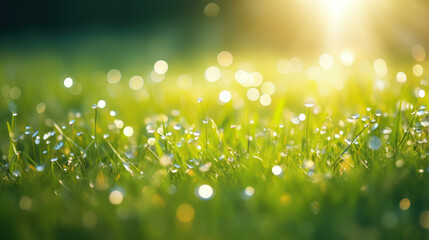 Canvas Print - Natural grass field background with blurred bokeh and sun rays