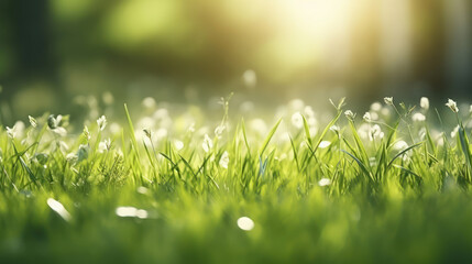 Natural grass field background with blurred bokeh and sun rays