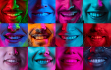 Collage With Close Up Male And Female Faces, Noses And Smiling Broadly Mouths Over Multicolor Studio Background In Neon Light.
