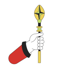 Poster - Hand holding wizard staff flat line color isolated vector object. Vintage stave. Editable clip art image on white background. Simple outline cartoon spot illustration for web design