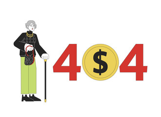 Poster - Old woman on retirement holding walking cane error 404 flash message. Pension rich. Empty state ui design. Page not found popup cartoon image. Vector flat illustration concept on white background