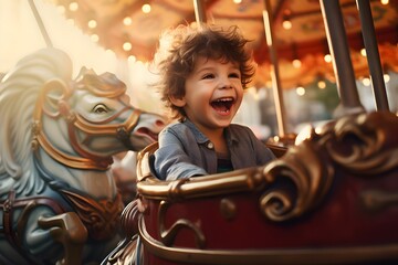 Excited Little boy on car ride at amusement park created with Generative AI technology