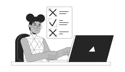 Poster - work checklist for freelancer bw concept vector spot illustration. busy girl working on laptop 2d ca
