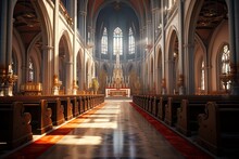 Inside The Gothic Cathedral: Captivating Interior Of A Catholic Church With Stunning Architecture And Illuminated Altar: Generative AI