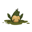 Cartoon isolated frog. Funny fat toad in a green swamp puddle. Crazy distrustful character. Comic reptile art