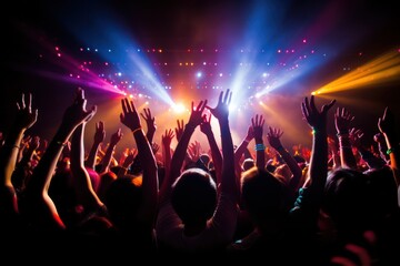 euphoric concert crowd dances beneath dazzling stage lights at music festival. silhouette sensation.