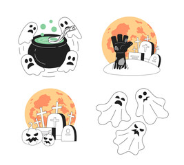Poster - Graveyard Halloween party monochrome concept vector spot illustration set. Spooky ghosts, tombstones 2D flat bw cartoon scenes for web UI design. Helloween isolated editable hand drawn hero image pack