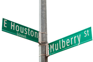 East Houston Street and Mulberry Street sign New York City. Transparent background.