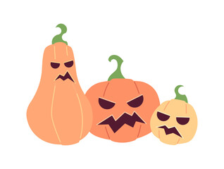 Poster - Halloween pumpkins with carved spooky faces semi flat colour vector object. Jack-o-lanterns holiday. Editable cartoon clip art icon on white background. Simple spot illustration for web graphic design