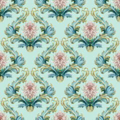 Wall Mural - Elegant pastel floral painting seamless pattern. Victorian ornate wallpapers. Rococo, baroque, renaissance style background. Luxury vintage fashion ornament. Design created with generative AI tools