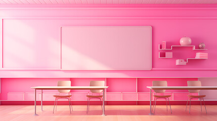 Pink barbie classroom interior with pink walls, pink chairs and round tables. 3d rendering mock up