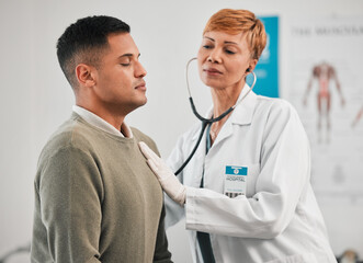 Aufkleber - Doctor, asthma or woman with man breathing for healthcare, nursing or cardiology wellness services. Test tools, help or medical worker checking heart beat with listening equipment in hospital clinic