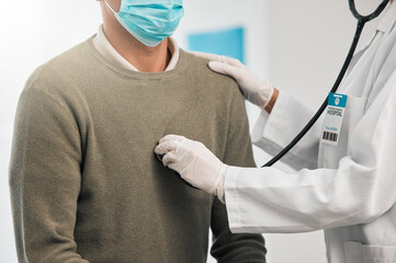 Aufkleber - Doctor, closeup or woman with patient breathing for healthcare, nursing or wellness in clinic. Asthma exam, test or hands of medical worker checking heart beat with listening equipment in hospital
