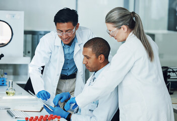 Poster - People, tablet and collaboration in science laboratory for medical research, medicine and teamwork development. Mature scientist, mentor and technology for DNA healthcare and genetic engineering help