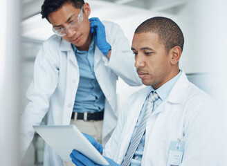 Poster - Men, tablet and collaboration in science laboratory for medical research, medicine and teamwork development. Scientist, thinking and digital technology for DNA healthcare or genetic engineering ideas