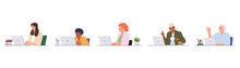 Isolated Set Of Different Age People Cartoon Character Working Or Studying Using Laptop Computer