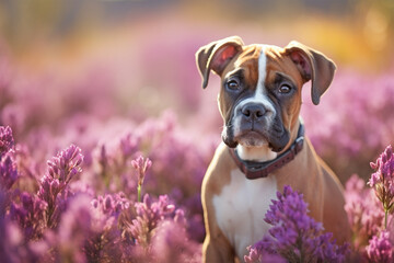 Wall Mural - Boxer dog sitting in purple heather flower field.