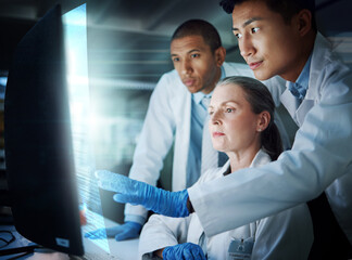 Aufkleber - Science, future technology and medical research team at computer with hologram, information and innovation. Scientist, men and woman with holographic info, results or data on screen for collaboration