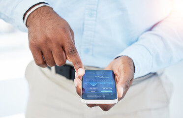 Aufkleber - hands, phone or businessman trading on stock market, fintech app or cryptocurrency website in office