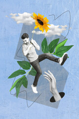 Wall Mural - Creative collage banner artwork of afraid scared guy hanging yellow flower falling down isolated on drawing blue background