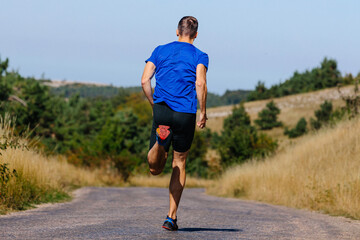 Wall Mural - rear view male runner in blue shirt and black tights running road in field of dry grass