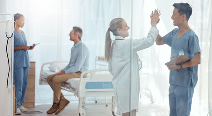 Poster - Doctors, nurses or high five in hospital for patient treatment success, surgery achievement or healthcare support. Happy, diversity or medical people in teamwork, collaboration and winner mentorship