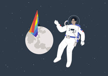 The Concept Of A Safe Space Depicted With A Young Astronaut Floating In The Cosmos, Alongside A Rainbow Flag Planted On The Moon