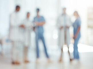 Poster - Group of doctors, nurses and blurred hospital, meeting and planning surgery or team schedule. Healthcare, discussion and medical staff in collaboration with feedback consultation together in clinic.