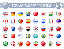 Popular Flags Of The World. Round Glossy Icons. Vector Illustration.